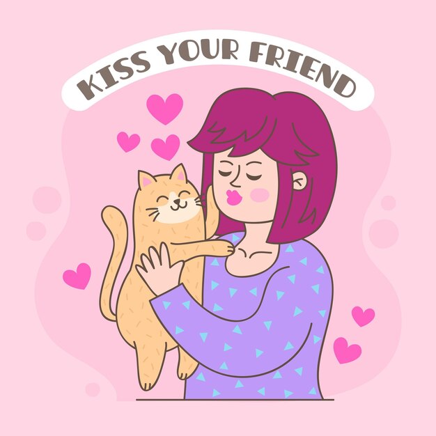 Hand-drawn international kissing day illustration with woman and cat