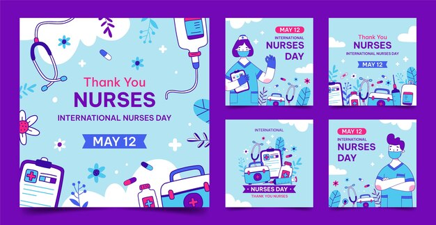 Hand drawn international nurses day instagram posts collection