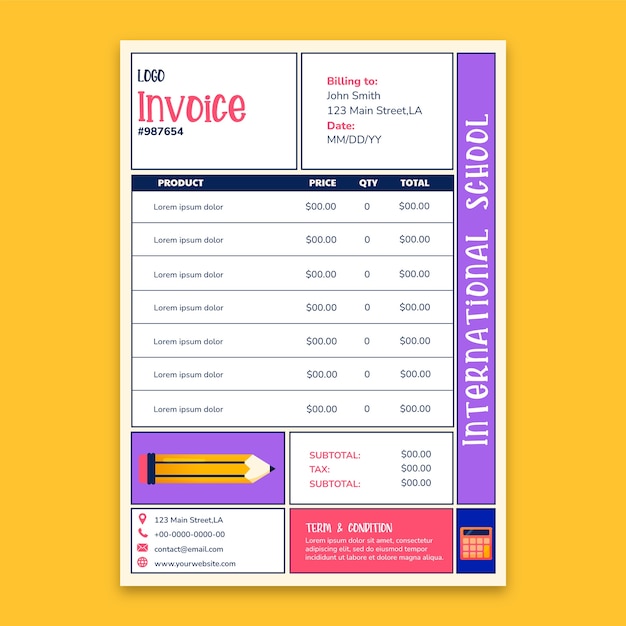 Free vector hand drawn international school  invoice