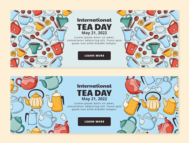 Hand drawn international tea day horizontal banners pack