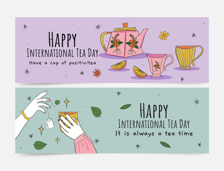 Free Vector hand drawn international tea day horizontal banners pack