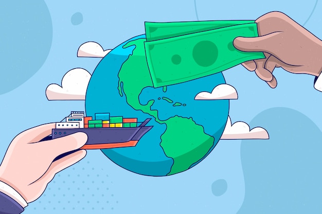 Hand drawn international trade with banknotes