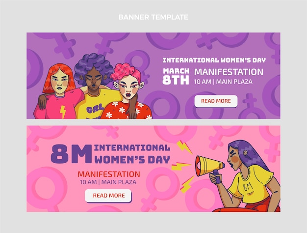 Set di banner orizzontali per la festa della donna internazionale disegnati a mano