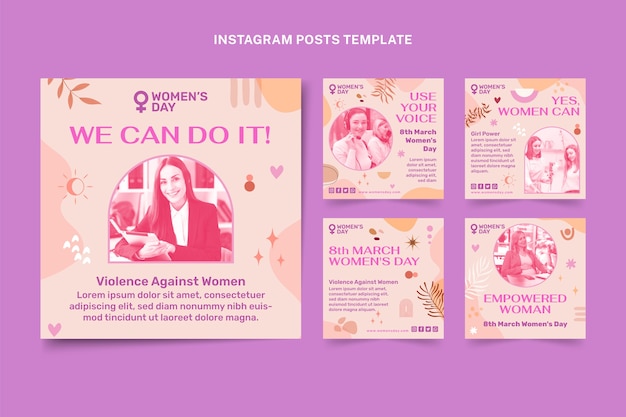 Collezione di post instagram per la giornata internazionale della donna disegnata a mano