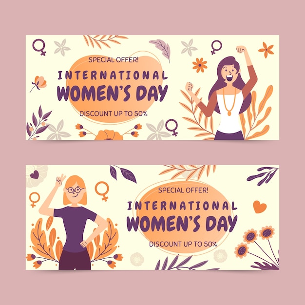 Free vector hand drawn international women's day sale horizontal banners set