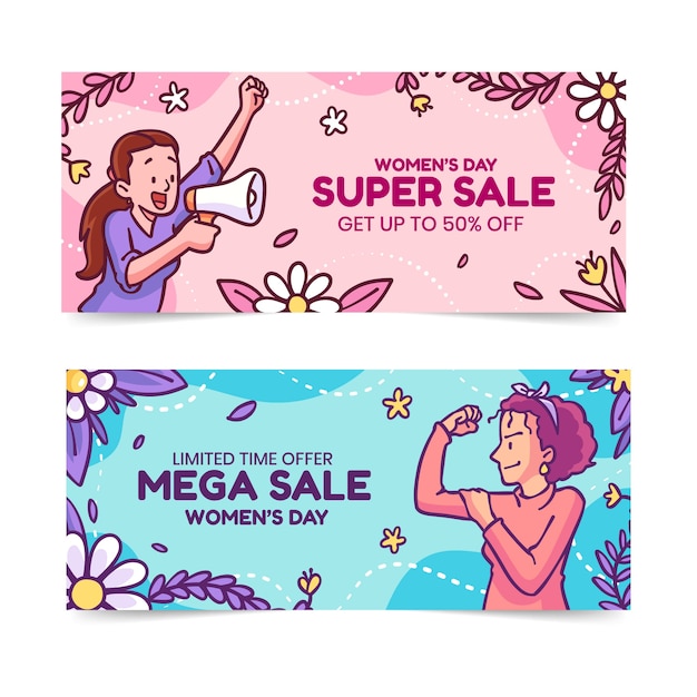 Hand drawn international women's day sale horizontal banners set