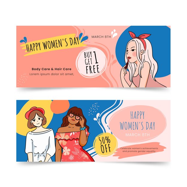 Set di banner orizzontali di vendita giornata internazionale della donna disegnati a mano