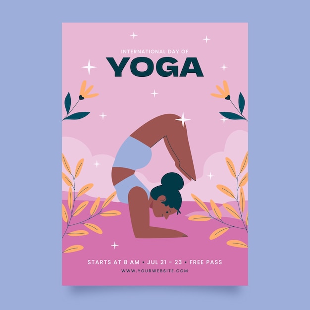 Hand drawn international yoga day poster with leaves