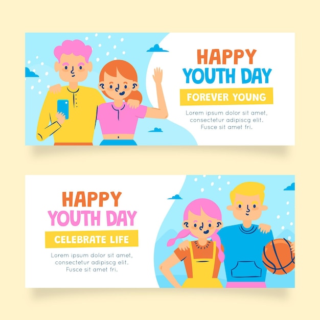 Hand drawn international youth day banners set