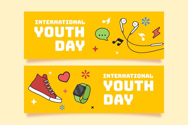 Hand drawn international youth day horizontal banners set