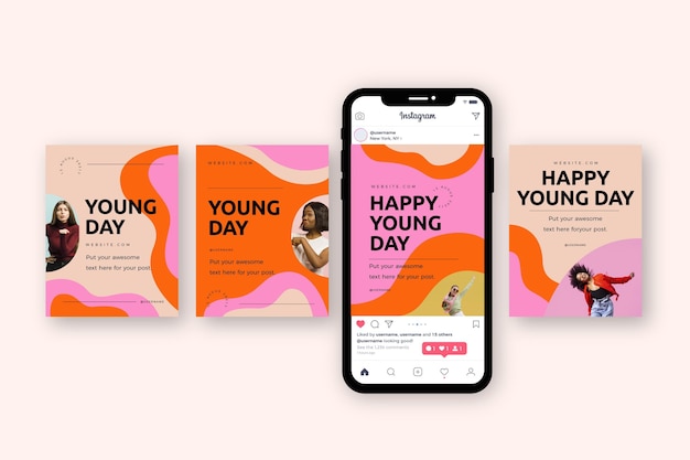 Free vector hand drawn international youth day instagram posts collection with photo