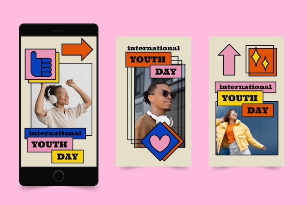 Hand drawn international youth day stories collection with photo