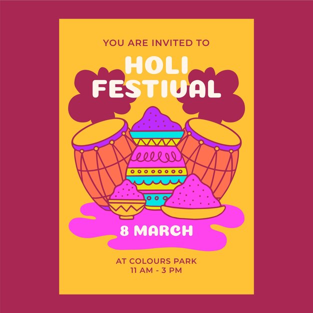 Vettore gratuito modello di invito disegnato a mano per la celebrazione del festival holi