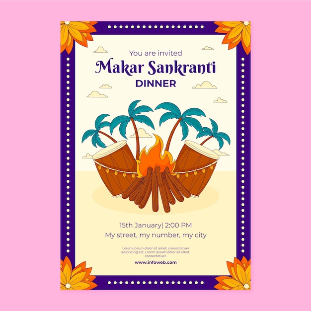 Hand drawn invitation template for makar sankranti festival celebration