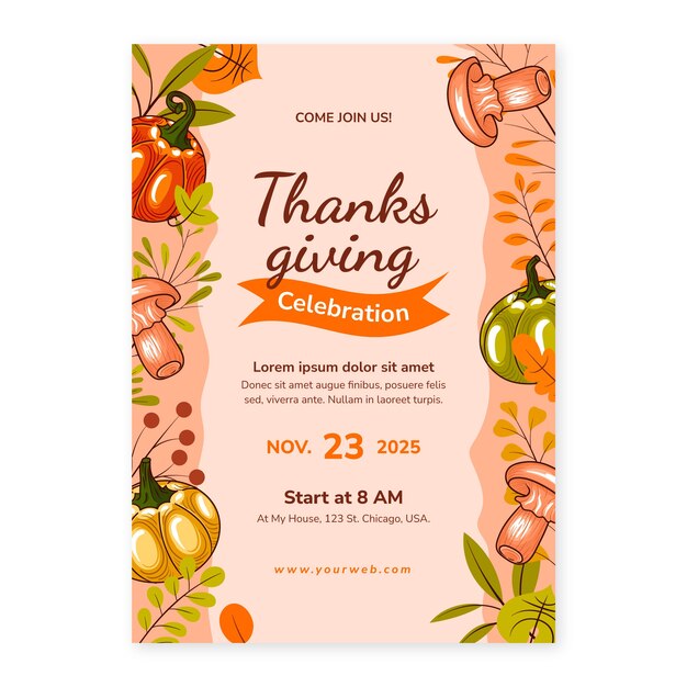Нарисованный рукой шаблон приглашения на празднование Дня благодарения