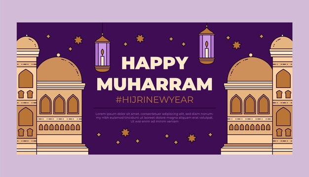 Hand drawn islamic new year horizontal banner template with palace and lanterns