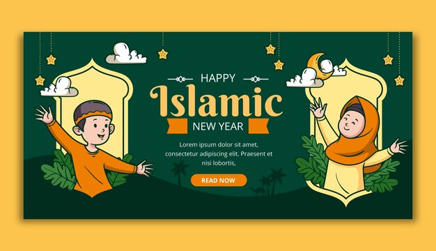 Hand drawn islamic new year horizontal banner with kids