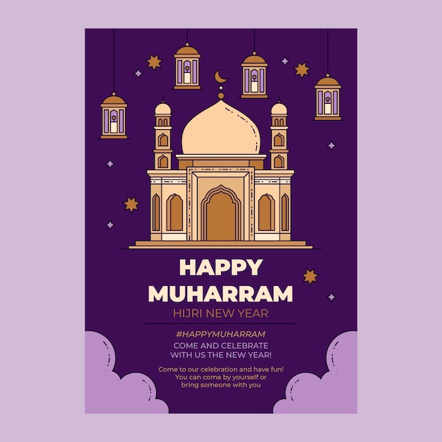 Hand drawn islamic new year poster template with palace and lanterns