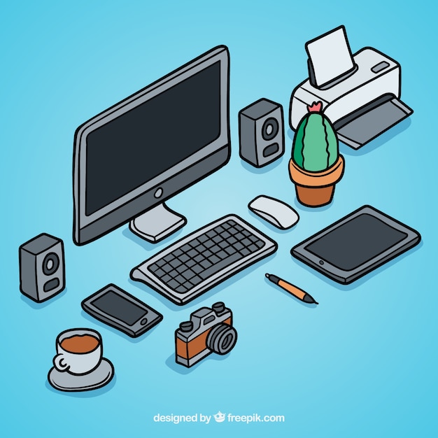 Free vector hand drawn isometric workspace