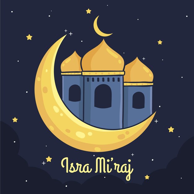 Hand-drawn isra miraj illustration with moon