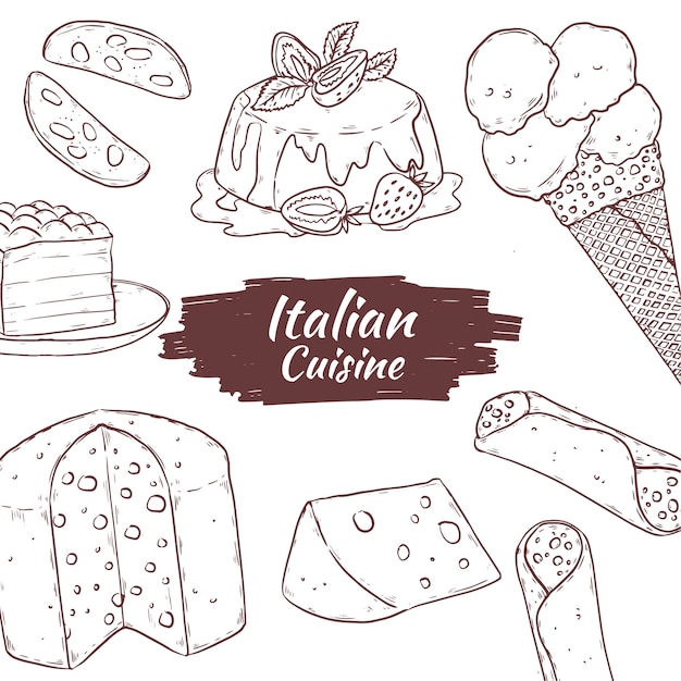 Vettore gratuito illustrazione della cucina italiana disegnata a mano