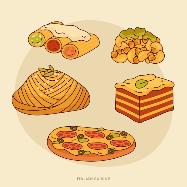 Vettore gratuito illustrazione della cucina italiana disegnata a mano