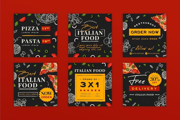 Free vector hand drawn italian food instagram posts