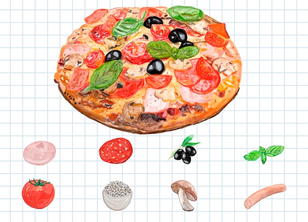 Vettore gratuito stile acquerello disegnato a mano pizza italiana