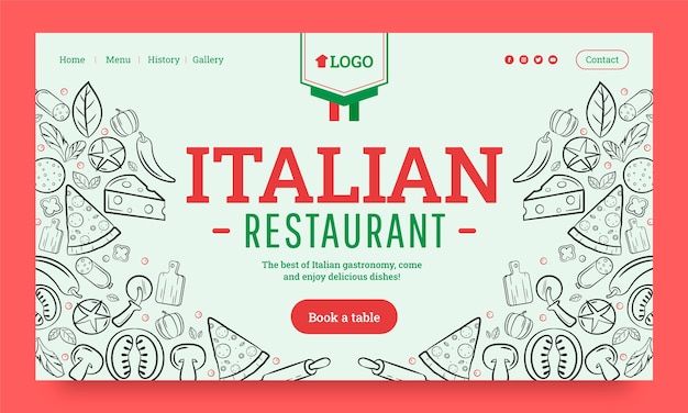 Vettore gratuito pagina di destinazione del ristorante italiano disegnata a mano