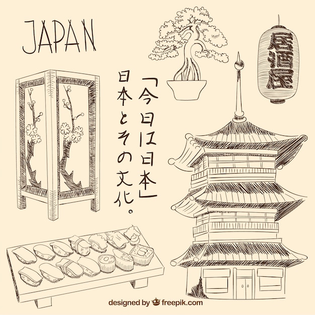 Vettore gratuito elementi giapponesi disegnati a mano