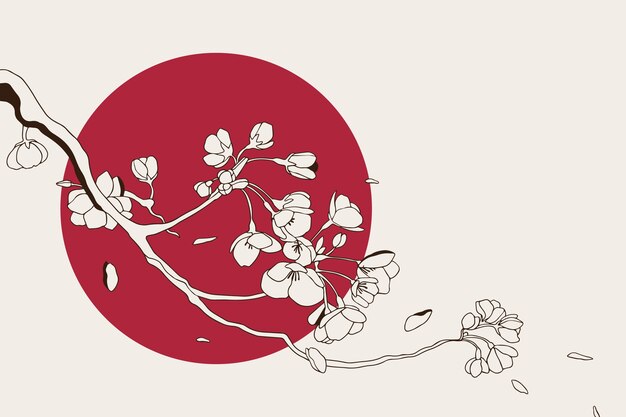 벚꽃 꽃잎의 손으로 그린 일본 그림