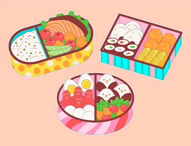 Hand drawn japanese lunchbox filled with food