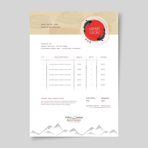 Hand drawn japanese restaurant invoice template