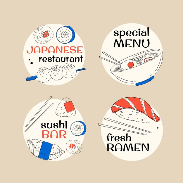 Hand drawn japanese restaurant labels template