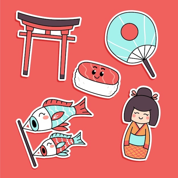 Hand drawn japanese sticker set