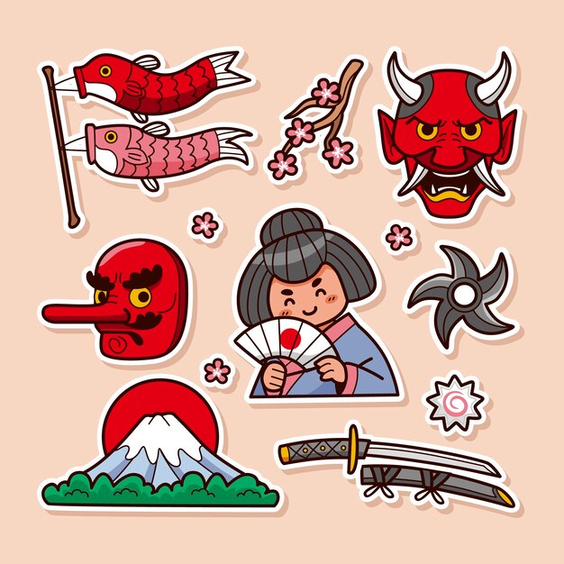 Hand drawn japanese sticker set