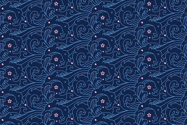 Бесплатное векторное изображение Набор рисованной японской волны
