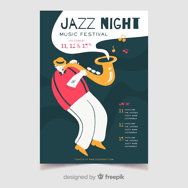 Vettore gratuito modello di poster di musica jazz notte disegnata a mano