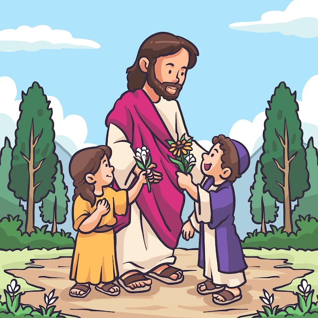 手描きのイエスと子供のイラスト
