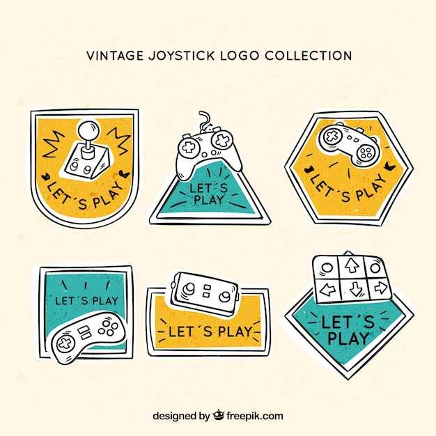 Vettore gratuito collezione di logo joystick disegnato a mano con stile vintage