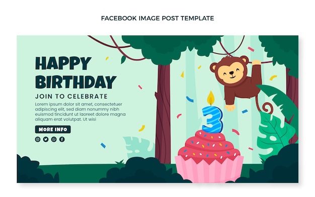 Бесплатное векторное изображение Ручной обращается пост в фейсбуке на день рождения в джунглях