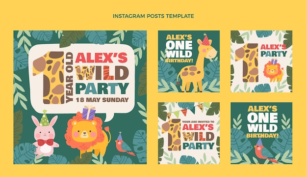 Collezione di post instagram festa di compleanno della giungla disegnata a mano