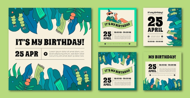 Free vector hand drawn jungle birthday party instagram posts