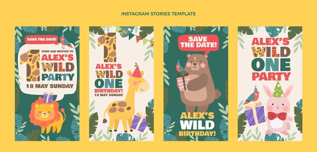 Hand drawn jungle birthday party instagram stories collection