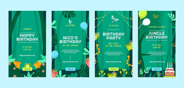 Нарисованные вручную истории instagram о вечеринке по случаю дня рождения в джунглях