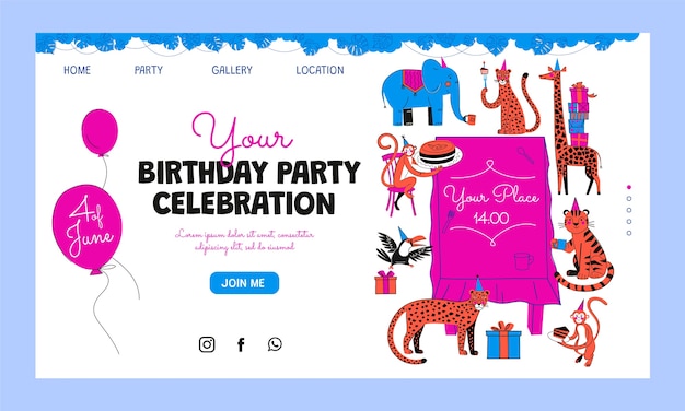 Hand drawn jungle birthday party landing page