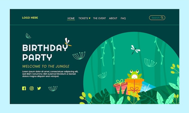 Pagina di destinazione della festa di compleanno della giungla disegnata a mano