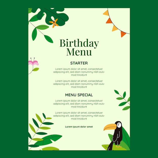 Vettore gratuito menu della festa di compleanno della giungla disegnato a mano