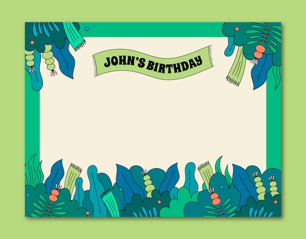 Vettore gratuito photocall della festa di compleanno della giungla disegnata a mano