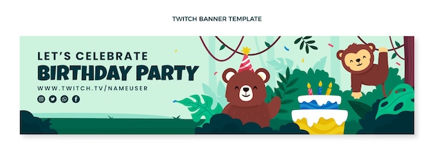 Free vector hand drawn jungle birthday party twitch banner